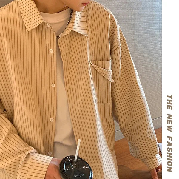 2024 Striped Long Sleeve Shirt Oversized Mens Large Spring Summer Loose Casual Man Shirts Clothes Fashion Harajuku Chest Pocket