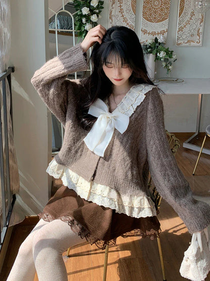 xsrrr BACK TO SCHOOL OUTFIT Kawaii Ruffles Knitted Cardigan Women Winter Bow Japanese Lace Warm Sweet Sweater Female Single-breasted Korean Casual Tops