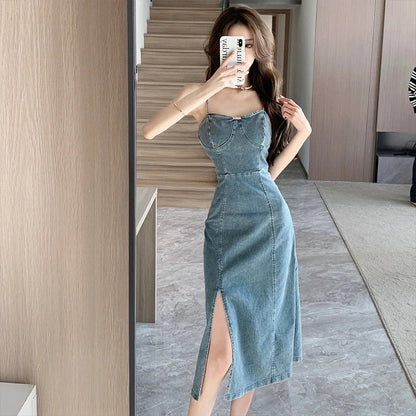 xsrrr New Retro 2024 Spring and Summer Strapless Denim Dress Fashionable Fashionable Women Sexy Thin Straps Slim Split Mid Skirt Tank