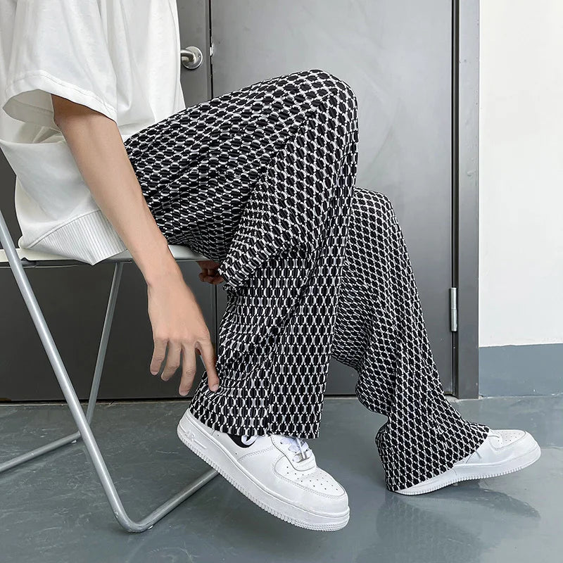 Summer Ice Silk Pants Men Oversized Retro Plaid Pants Men Japanese Streetwear Loose Wide Leg Pants Mens Pleated Trousers M-5XL