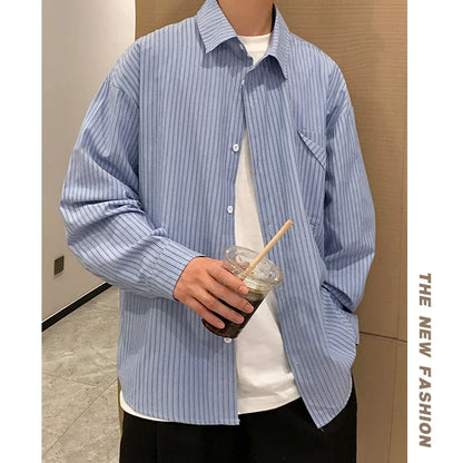 2024 Striped Long Sleeve Shirt Oversized Mens Large Spring Summer Loose Casual Man Shirts Clothes Fashion Harajuku Chest Pocket