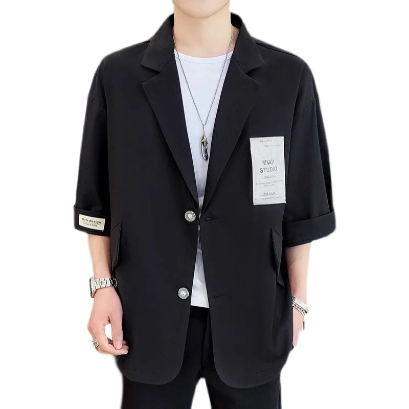 Three-quarter Sleeve Blazers Loose Casual Suit Summer Oversize Patch Design Solid Jackets Classic Simple Trend  Male Clothes