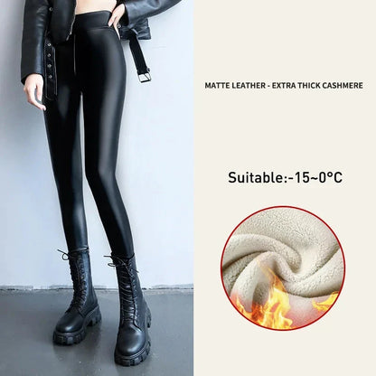 xsrrr Autumn Winter Black Fleece Matte Leather PU Leggings Women's High Waist Elasticity Lift Buttock Trousers Skinny Legging Pants