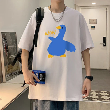 Summer Men's Cotton T-Shirt Funny Goose Print Cartoon Short Sleeve Tops O-Neck Tees Y2k 2024 Anime Casual Oversized T Shirts Men