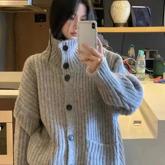 Hnewly Loose Lazy Sweater Women Twist Fashion Knit Autumn Winter Warm Cardigan Harajuku Stand Collar Gray Vintage Female Jumpers