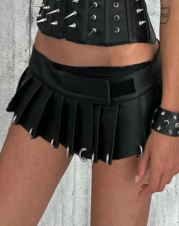 xsrrr Gothic Solid Pu Leather A-Line Skirt Dark Casual Low-Waisted Super Mini Skirts Women Autumn Winter Streetwear Lady