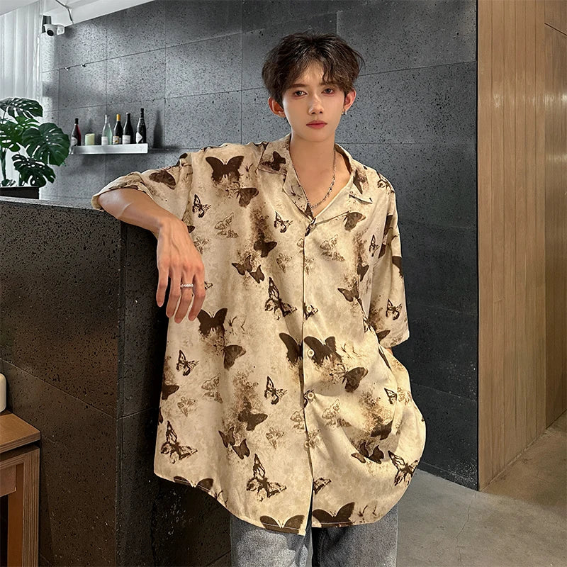 Summer Butterfly Printed Tie-dye Shirt Men Windsor Collar Loose Casual Short Sleeve Shirts Oversize Streetwear Boy Girl Blouses