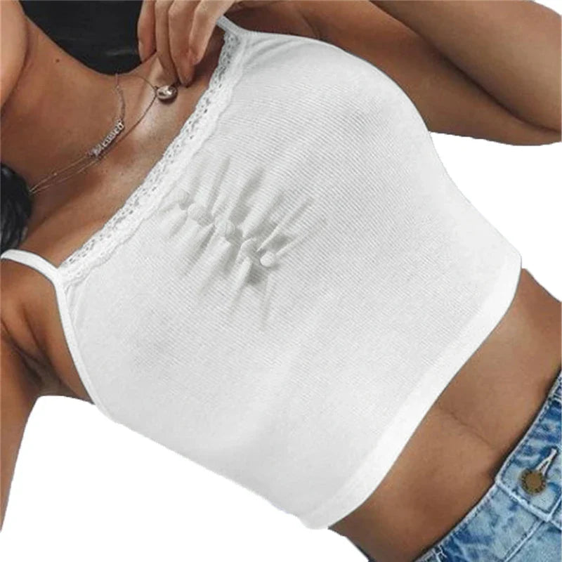 xsrrr White Lace Patchwork Tank Top Summer Women Home y2k Fashion Leisure Outfit Basic Casual Crop Tops Lolita Kawaii Clothes