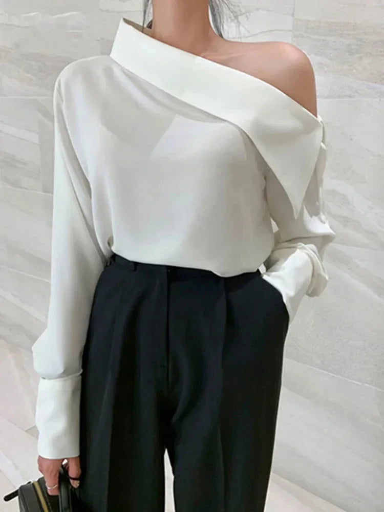 xsrrr FALL OUTFITS Elegant Women Sexy Korean One Black Top Spring Summer Leisure Versatile Women's Off The Shoulder Long Sleeved White Blouses