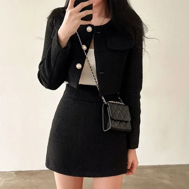 xsrrr FALL OUTFITS Women Outfits Tweed 2 Two Piece Sets Long Sleeve Pearl Buttons Short Jacket and A-line Mini Skirt Set Fall Spring