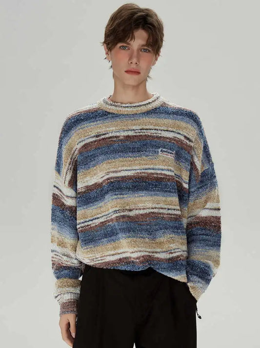 Striped Knitted Sweater Coat Men Japanese Y2K Oversize Casual Autumn Winter Loose O-neck Pullovers for Man Streetwear