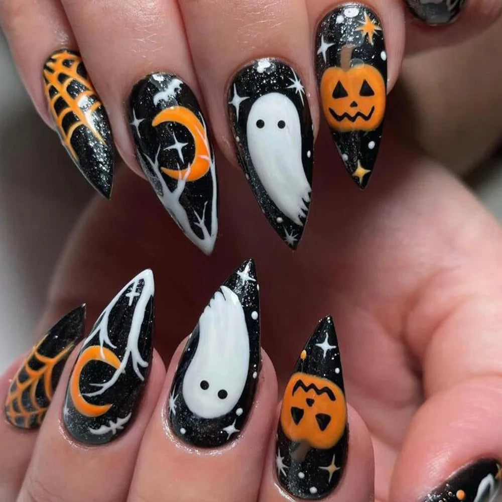 xsrrr Black Fake Nails Women Halloween Party Press on Nails White Ghost Star Spider Web Designs Wearable False Nails Tips 24Pcs