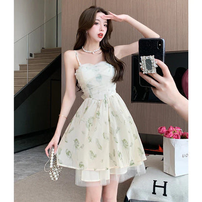 xsrrr Linen Cotton Dress Women Summer Mini Dress Ladies Vintage A-line Sling Dress Sexy Hot Girl Slash Neck Camisole Ruffle Sundress