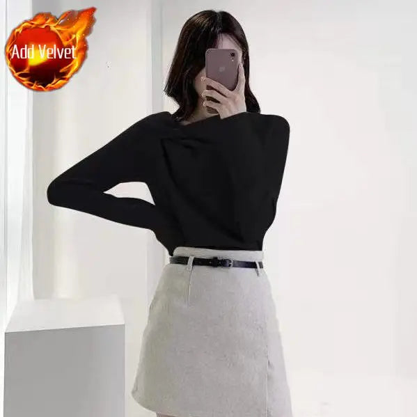 Hnewly FALL OUTFITS Female Tops Pulovers Clothes Warm Tees Plain Blue Women's T Shirts Spring and Autumn Tshirts New Arrivals Polyester Old Alt