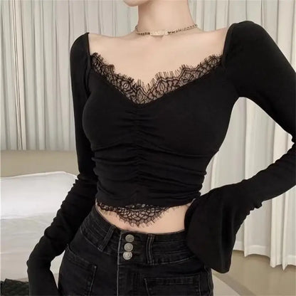 xsrrr FALL OUTFIT Korean Crop Top Autumn Women Aesthetic V-neck Lace Patchwork Solid Color Tops Sexy Skinny Casual Long Sleeve T-shirt