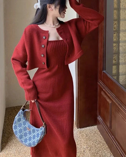 xsrrr DRESS TO IMPRESS Elegant Red Knitting Dress Women Korean Fashion Office Lady Two Piece Dress Female Winter Warm Casual Christmas Party Dress