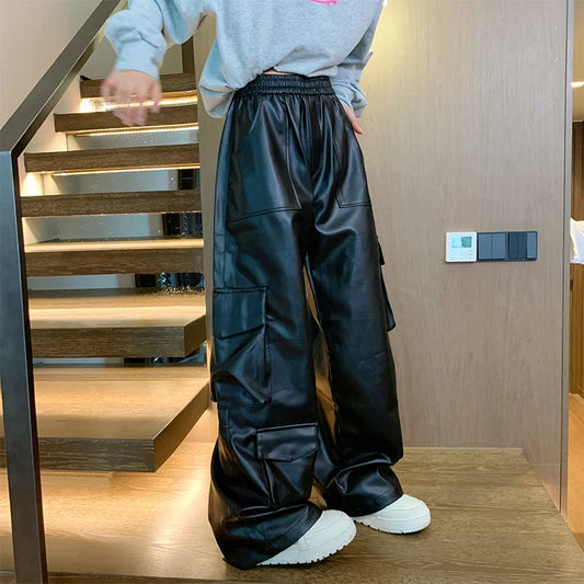 Black Leather Pants Men Oversized Retro Pocket Cargo Pants Men Streetwear Hip-hop Loose Wide Leg Pants Mens Motorcycle Trousers