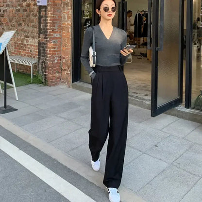 xsrrr Brown Loose Summer Women's Suit Pants Wide Leg Brown Fluid High Waist Casual Dress Pants Ice Silk Straight Female Trousers