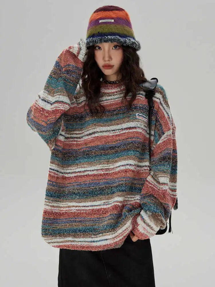 Striped Knitted Sweater Coat Men Japanese Y2K Oversize Casual Autumn Winter Loose O-neck Pullovers for Man Streetwear