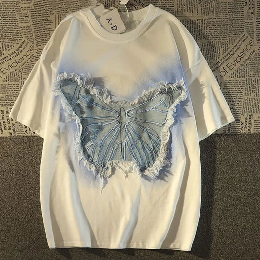 American Vintage T Shirt High Street Patch Butterfly Short Sleeve O-neck T-shirt Men Women Oversize High Street Tops