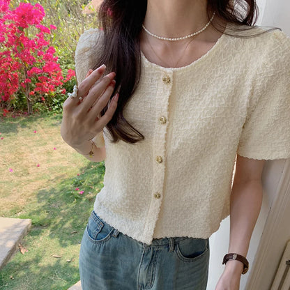 Hnewly Korean Chic O-neck Short Sleeve Shirt Women Fashion Buttons Slim Short Tops Female Blouse Ladies Elegant Summer Blouses