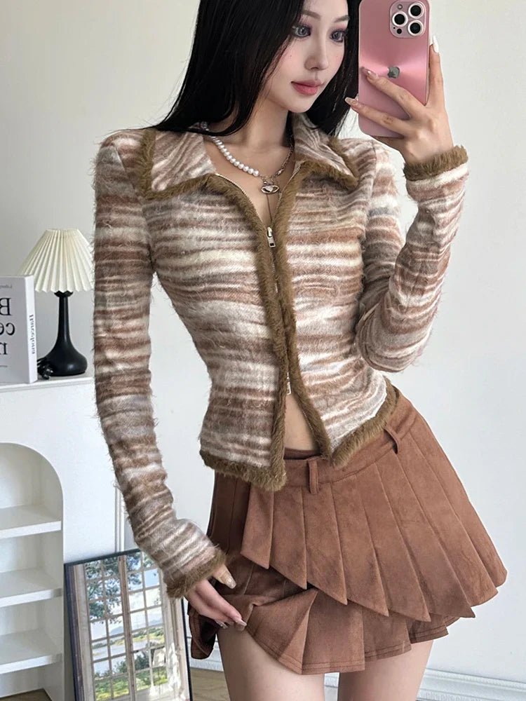 xsrrr Striped Knit Sweater Cardigan Y2K High Street Women Autumn Turn-down Collar Zipper Sweaters Coat Female Casual Korean