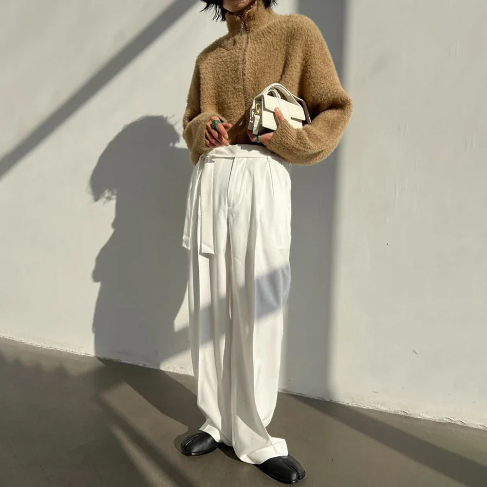 Harajuku Belted Suit Pants Men's Fashion Oversize Casual Trousers French Loose Wide Leg Pants Streetwear Male Blazer Pantalon