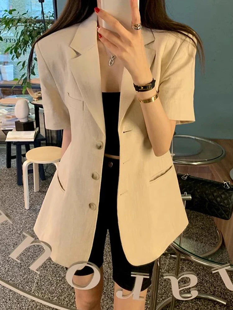 xsrrr Retro Suit Collar Single Breasted Women Short Sleeved Korean Chic Casual Slim Jacket Female Cotton Linen Jacket Top 2024 Summer