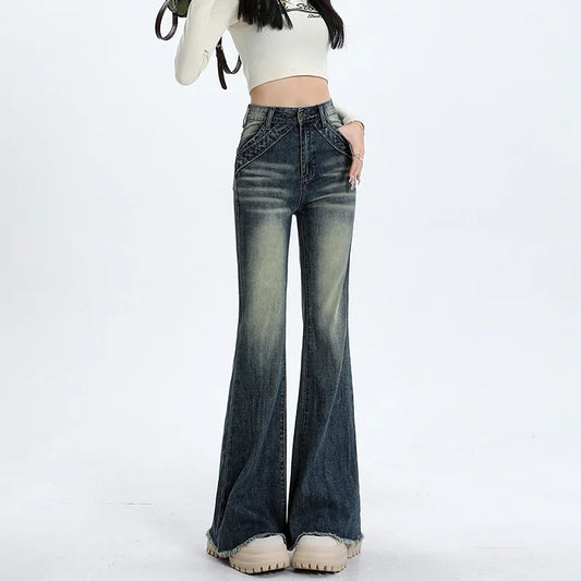 xsrrr Blue High Waist Skinny Pants Jeans Women Autumn High Street Slimming Trumpet Denim Pants Retro Extended Version Horseshoe Pants