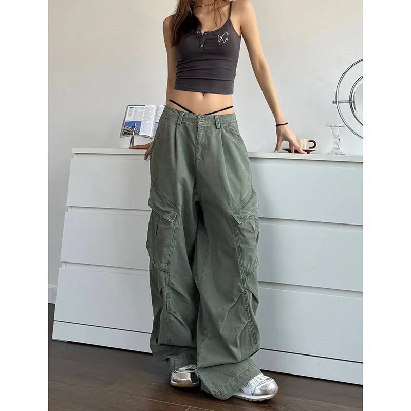 xsrrr NEW Green Jeans for Women High Quality High Waist American Wide Leg Pants Solid Y2K Vintage Straight Summer Trousers