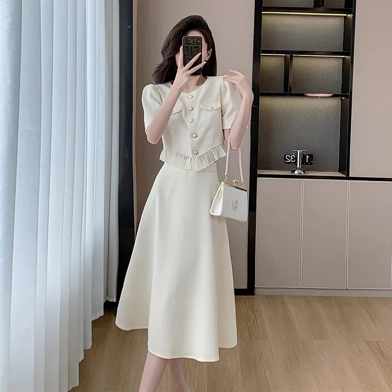 xsrrr French Vintage Solid Womens Midi Dress Short Sleeve O-neck Elegant Slim Summer Fashion Office Ladies Two Piece Set Clothing