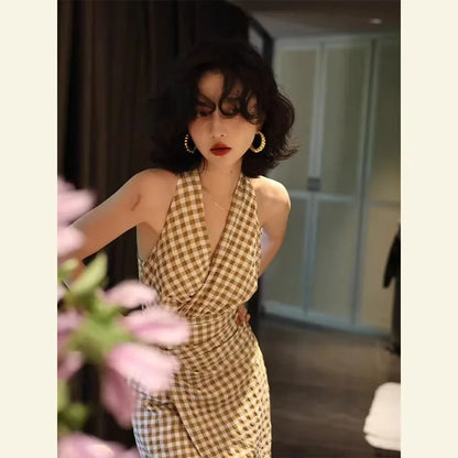 xsrrr DRESS TO IMPRESS Korean Elegant Long Plaid Dress Women Sexy Sleeveless Party Fairy Dress Female 2024 Summer V-neck Fashion Vintage Casual Dresses