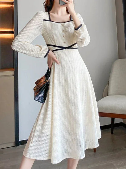 xsrrr DRESS TO IMPRESS 2024 Spring Elegant Korean Midi Dress Women Fashion Slim Long Sleeve Fairy Dress Female Casual Sweet Office Lady Party Dress Y2k