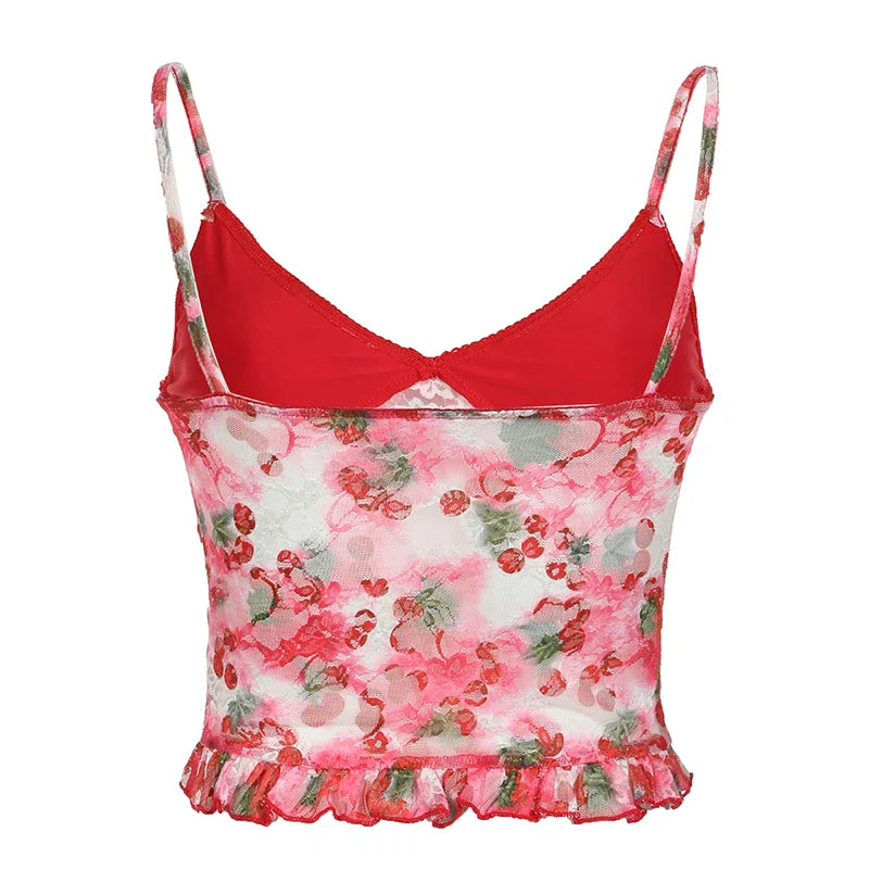 xsrrr Vintage y2k Mesh Crop Top Women Summer Floral Print Sleeveless Patchwork Spaghetti Strap Tops Ladies Sexy Aesthetic Tees