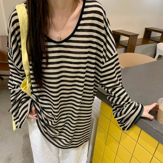 xsrrr FALL OUTFIT Harajuku Y2k Top Black Apricot Striped T-Shirt 2024 Autumn Baggy Casual Long-Sleeved Top Woman Clothes Grunge Korean Fashion