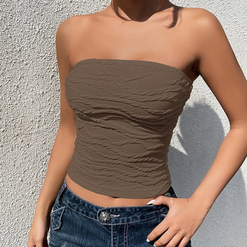 xsrrr Summer Solid Colour Striped Top Neckless Plunge Sexy Slim Sleeveless Pullover Neckless Top Simple Backless Girls' Tops