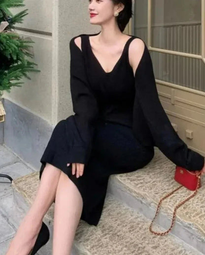 xsrrr DRESS TO IMPRESS Autumn Casual Knitting 2 Pieces Set Women Knitted Cardigan + Backless Sexy V-neck Strap Dress Female Korean Party Chic Suit