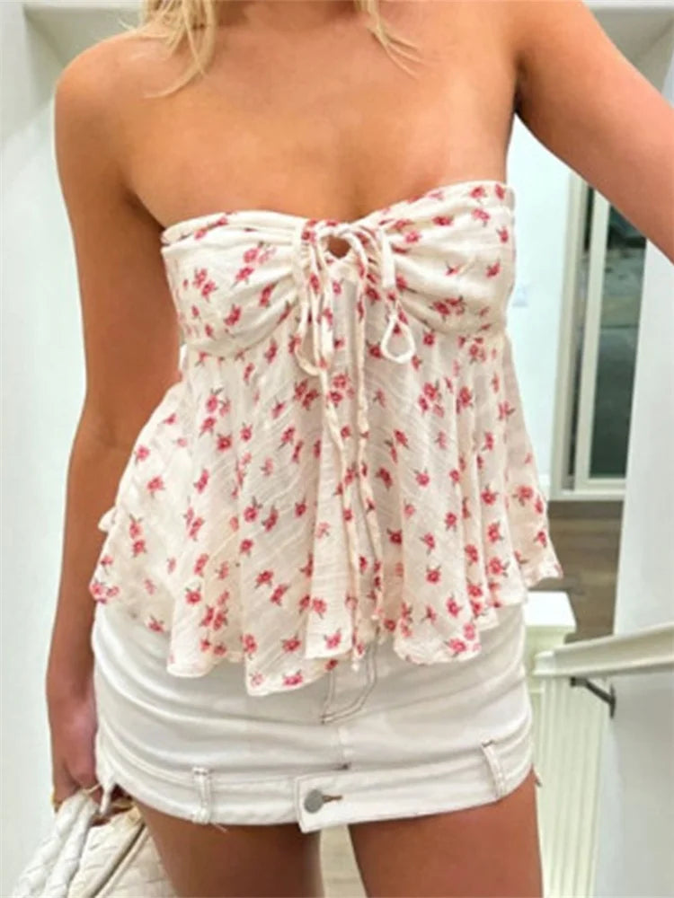 Hnewly Strapless Off Shoulder Ruched Tube Tops Women Front Tie-up Ruffles Summer Party Clubwear Tank fLORAL pRINT Mini Vest