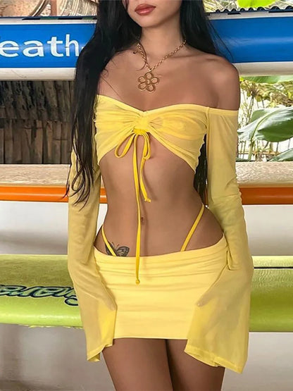 xsrrr Y2K Aesthetics Sexy Co-ord Sets Yellow 2000s Clubwear Off Shoulder Flare Sleeve Crop Tops and Micro Skirt 2 Piece Suits