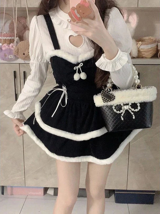 xsrrr Winter Sweet Y2k 2 Piece Dress Set Women Hollow Out Knitted Tops + Kawaii Mini Dress Female Korean Fashion Lolita Cute Suit 2024