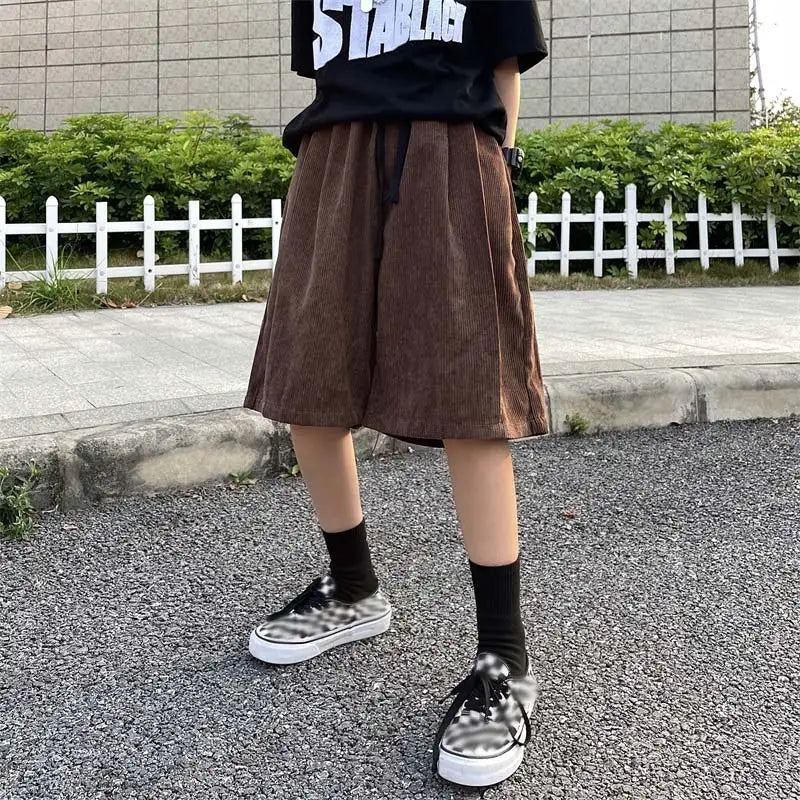 Brown Corduroy Shorts Oversized Baggy Five Point Trousers Summer Korean Fashion Wide Leg  Ins Hip Hop Bottoms Men