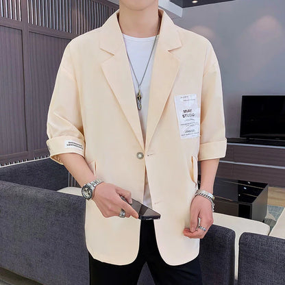 Three-quarter Sleeve Blazers Loose Casual Suit Summer Oversize Patch Design Solid Jackets Classic Simple Trend  Male Clothes