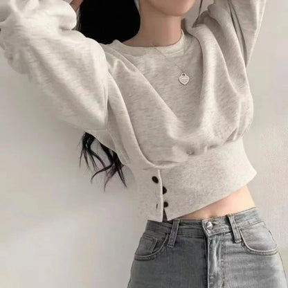 xsrrr FALL OUTFITS Autumn Women Solid O-Neck Slim Crop Top Lantern Sleeve With Button  Sweat Casual Hip-Hop Sporty Pullover Sweet Chic Street Wear