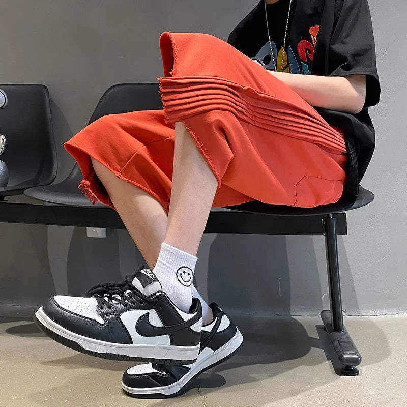 Solid Loose Shorts Thin Summer Sports Thousand Pleated Straight Wide-leg Casual Pants Oversized 5-point Pants Men's White Orange