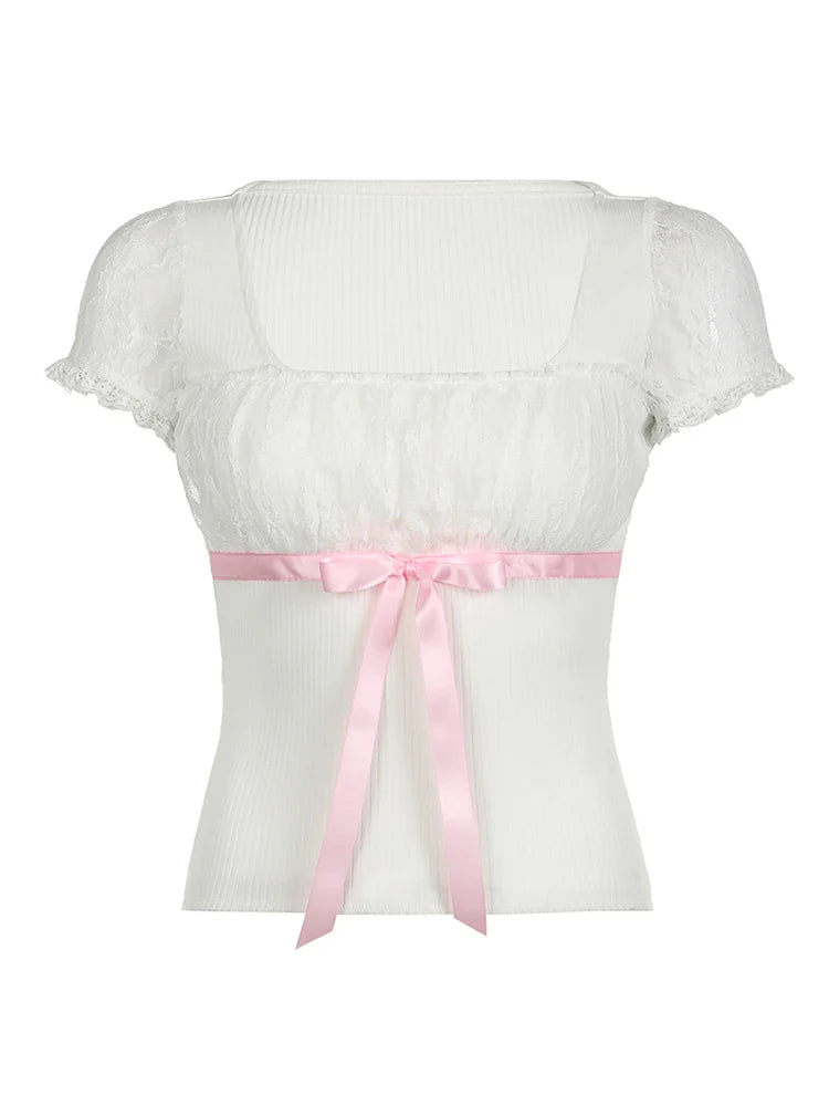 xsrrr Sweet Y2K Ruched Square Collar Lace Sleeve White T Shirt Women Pink Bow Cute Kawaii Balletcore Clothes