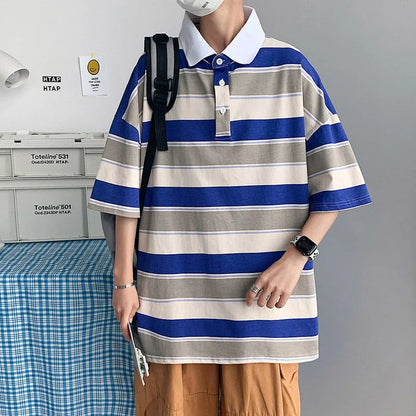 Striped Contrast Print POLO Shirts Fashion Summer Men's Clothes Classic Lapel Cotton Top Oversize Loose Short Sleeve Polo T-Shirt