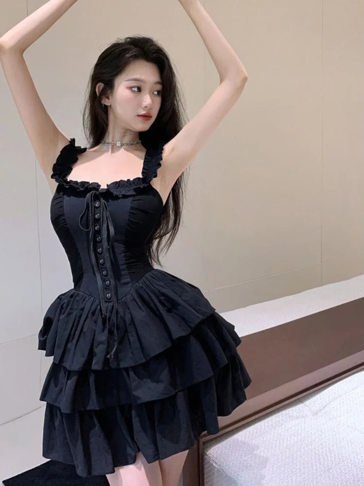 xsrrr Sexy Slip Lolita Style Black Dress Women Vintage Sleeveless Y2K Mini Dress Summer Slim Sweet Korean Lace Up Cake Dress New