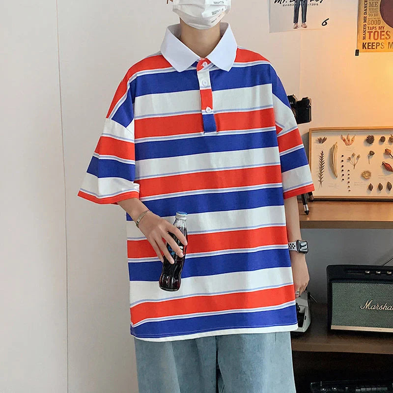 Striped Contrast Print POLO Shirts Fashion Summer Men's Clothes Classic Lapel Cotton Top Oversize Loose Short Sleeve Polo T-Shirt