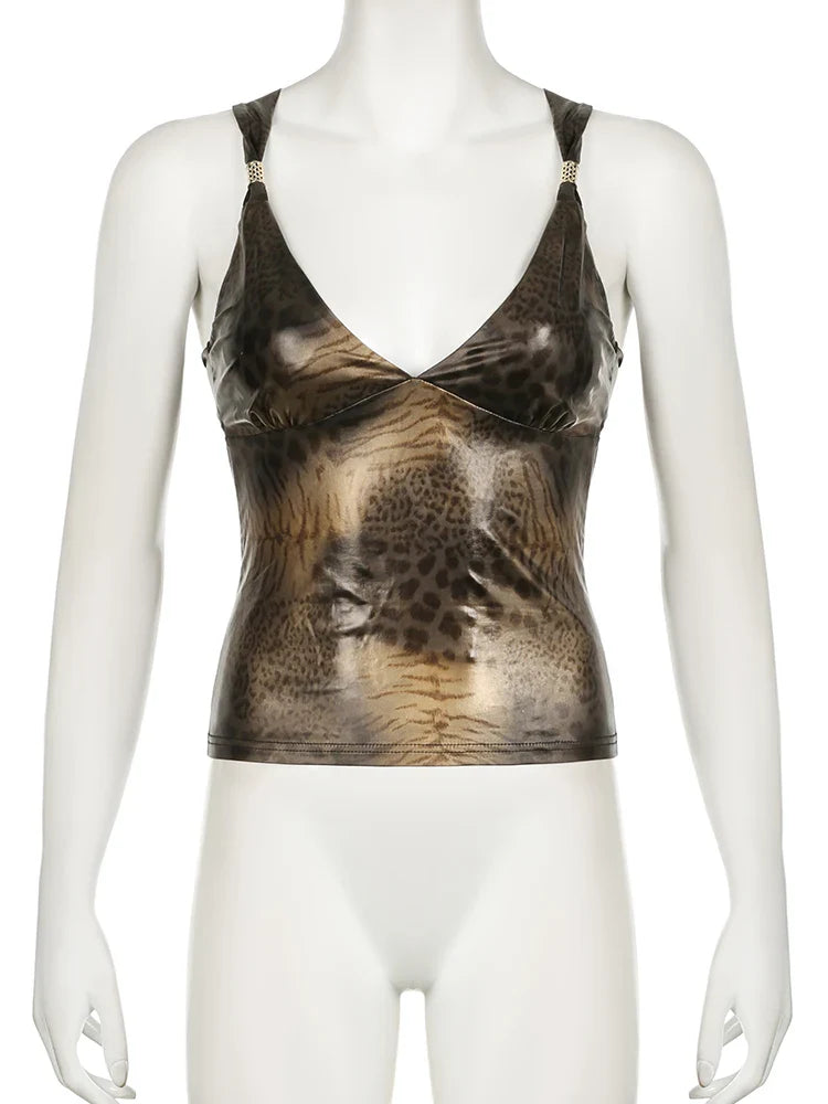 xsrrr Vintage Leopard Print Camisole Y2K Aesthetic Sleeveless Crop Tops Women Summer 2024 Sexy Coquette Tank Top Harajuku