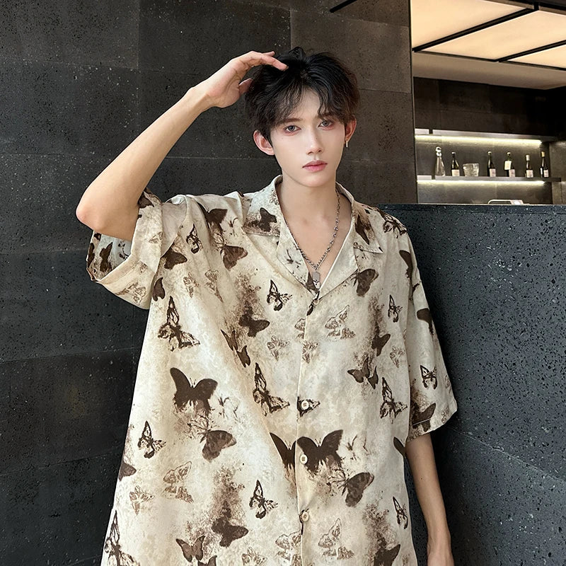 Summer Butterfly Printed Tie-dye Shirt Men Windsor Collar Loose Casual Short Sleeve Shirts Oversize Streetwear Boy Girl Blouses